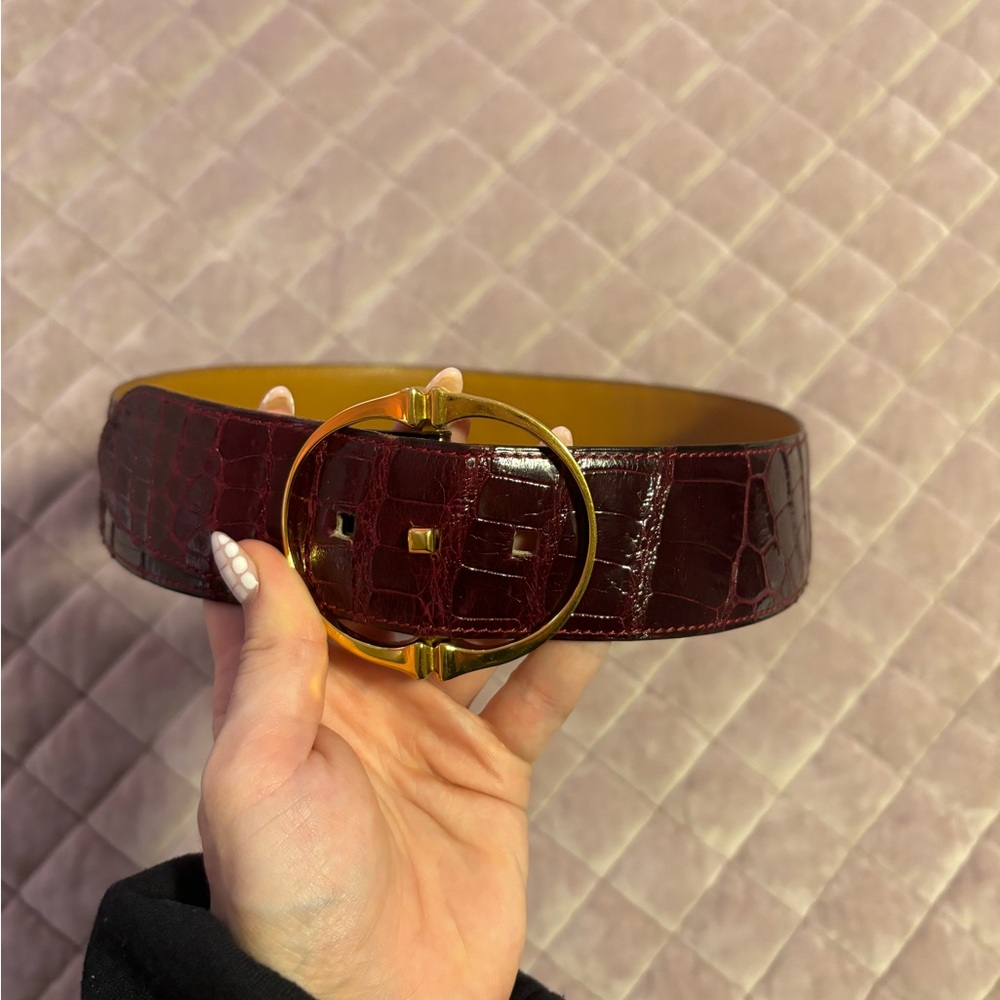 Hermes Burgundy Croc-Embossed Belt with Gold Buckle